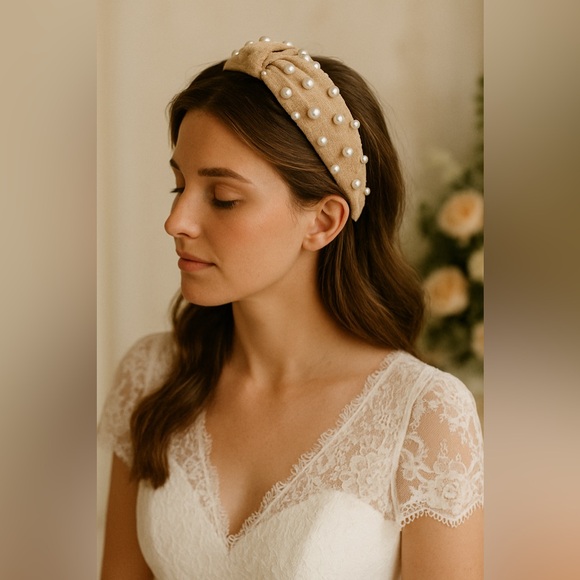 coquette Accessories - Tan Velvet Pearl Headband – Bridal Shower, Tea Party, Coquette Hair Accessory
